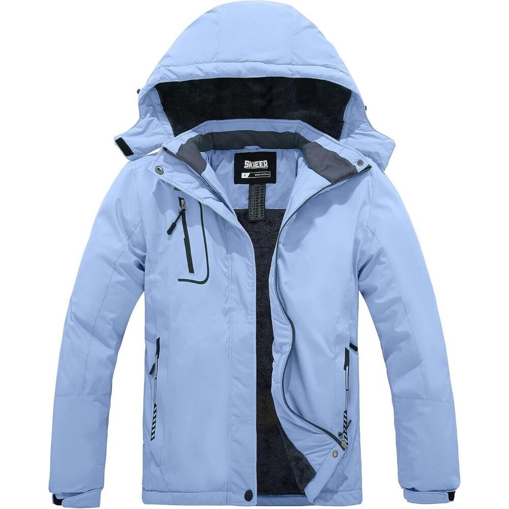 Women's Waterproof Snowboard Fleece Ski Hooded Jacket Pale Blue Winter Warm Coat
